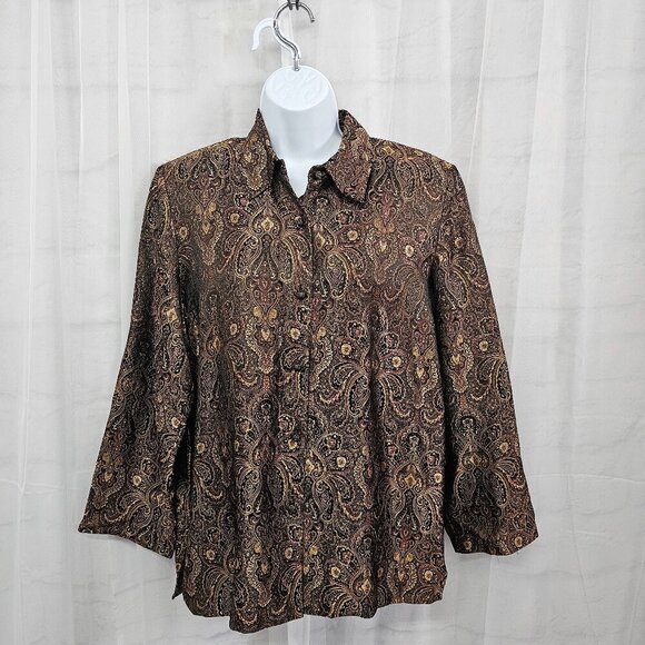 Vintage Drapers & Damons Blouse Brown Burgundy Jacquard Brocade Button-Down M - Picture 12 of 12